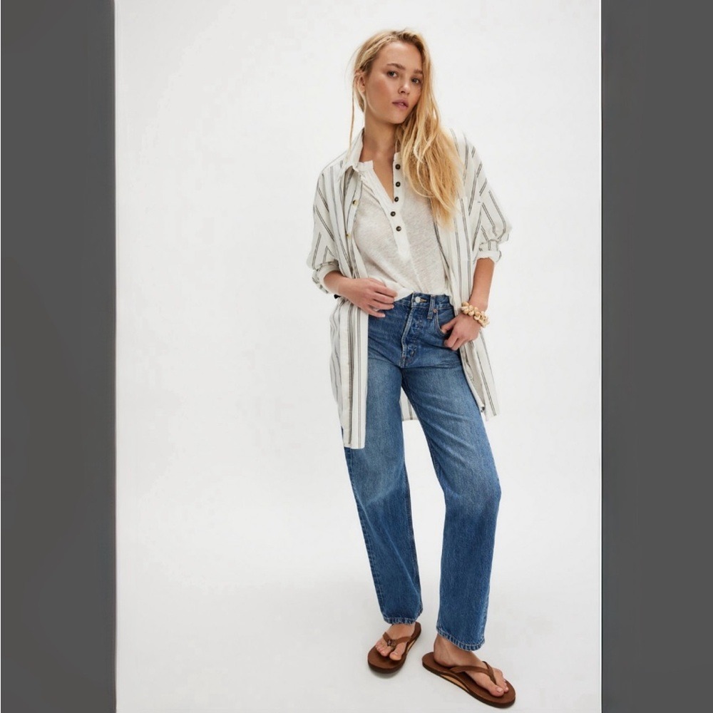 We The Free Cotton Linen Henley Long Sleeve Tee medium ivory white new - Picture 4 of 11